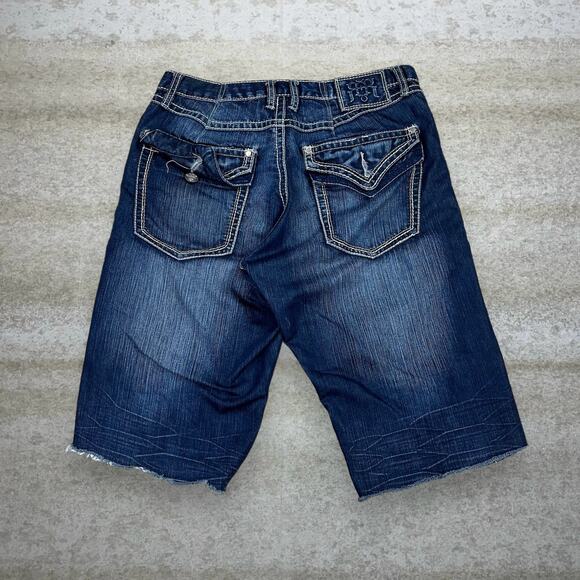 Vintage Skater Wide Leg Jean Shorts Request Dark Wash Baggy Denim Rap Style Y2K - Picture 1 of 4